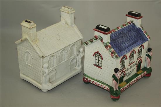 Two Yorkshire pottery money boxes in the form of a chapel, mid 19th century, 17.5cm and 18cm